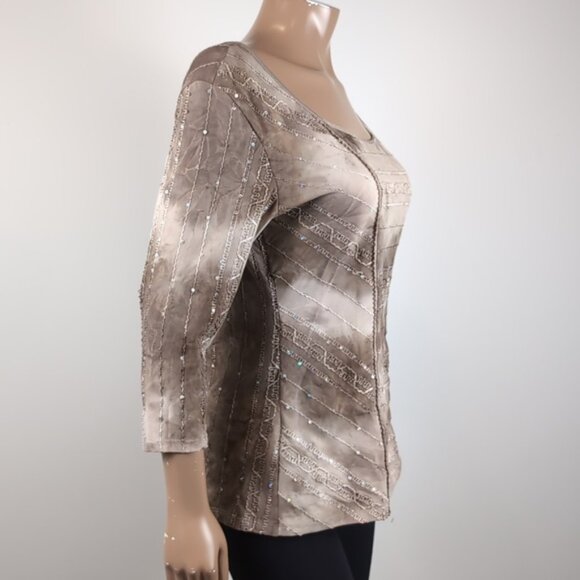 Nycal Tie Dye Blouse Sequin Embellished Mocha Scoop Neck 3/4 Sleeve Top - Picture 9 of 12